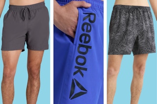 Three different brands of men's swim trunks (featuring a Reebok close up shot)