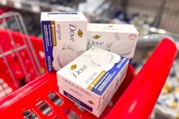 3 dove beauty bar soaps sitting on a target cart