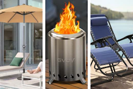 patio umbrella, fire pit, and zero gravity chairs