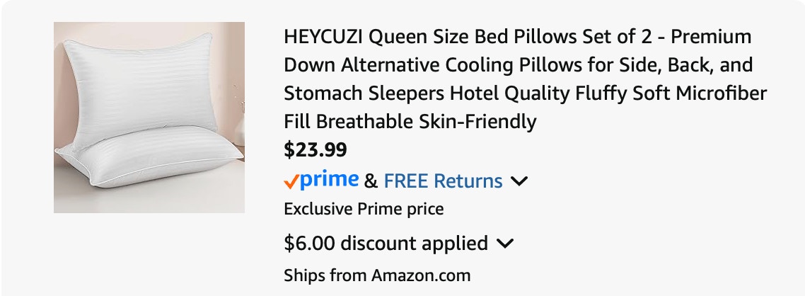 queen pillows Amazon receipt