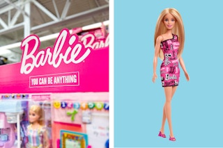 Barbie signage and a Barbie doll