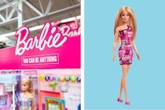 Barbie signage and a Barbie doll