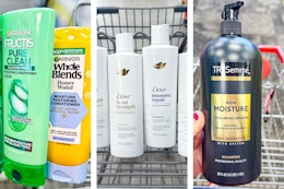 collage image of garnier, dove, and tresemme shampoo