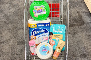 shopping cart with Pantene, Charmin, Gain, and more products