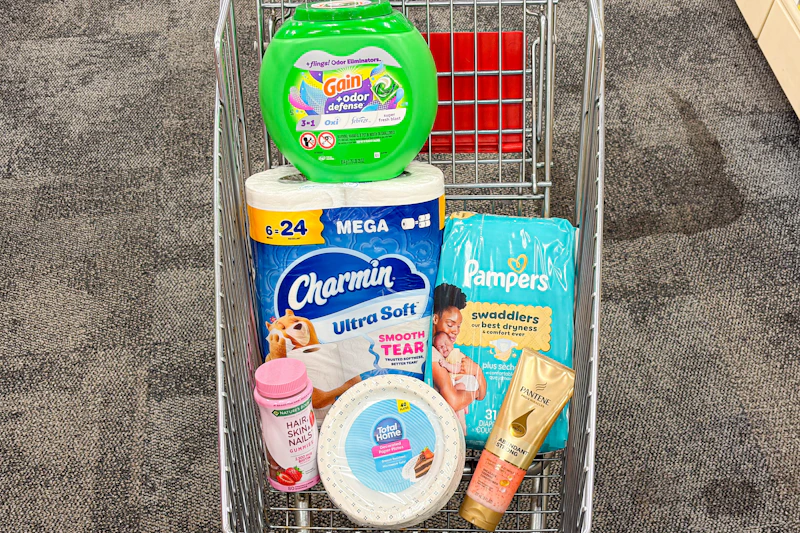 shopping cart with Pantene, Charmin, Gain, and more products