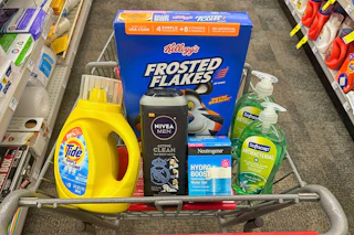tide simply detergent, nivea men body wash, neutrogena moisturizer, softsoap hand soap, and frosted flakes cereal in a cart