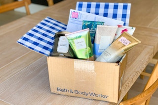 a Bath & Body Works online order in a box on a table