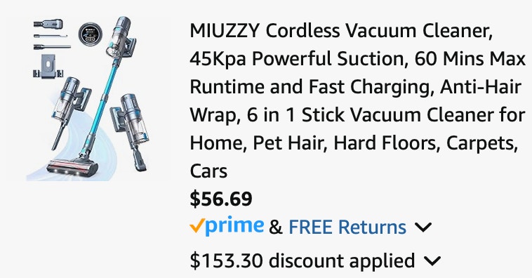 MIUZZY Cordless Vacuum Cleaner, 45Kpa Powerful Suction, 60 Mins Max Runtime and Fast Charging