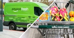 amazon fresh truck and whole foods cart with product