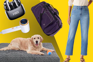 black earbuds, white ionic hair dryer, dog bed, purple duffel bag, women's levi's jeans