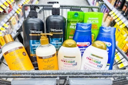 tresemme, garnier, shea moisture, ogx, and walgreens brand haircare products in a cart