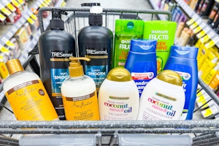 tresemme, garnier, shea moisture, ogx, and walgreens brand haircare products in a cart