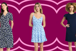 women's polka dot dress, floral dress, and navy dress