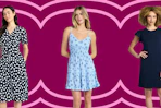 women's polka dot dress, floral dress, and navy dress