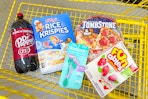 dr pepper, rice krispies, tombstone, skintimate, funables in a dollar general shopping cart