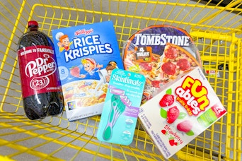 dr pepper, rice krispies, tombstone, skintimate, funables in a dollar general shopping cart