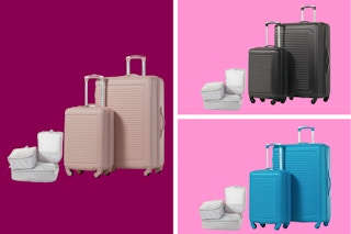 pink, blue, and black luggage sets