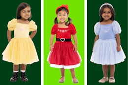 Belle, Santa, and Cinderella toddler cosplay dresses