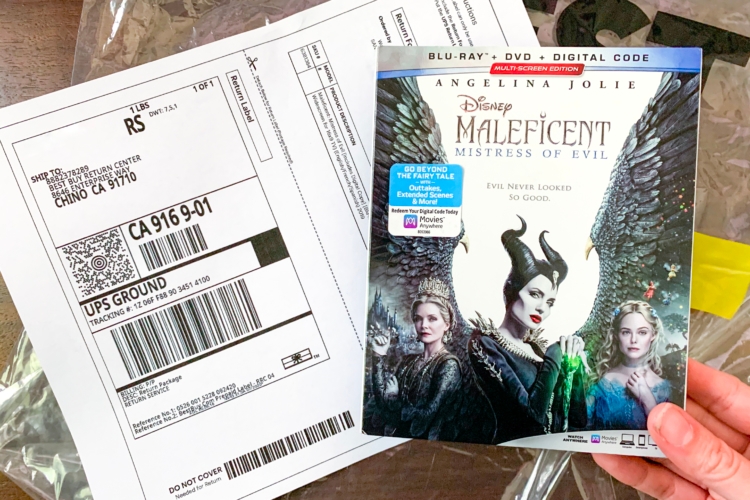 Printed pre-paid return label with Maleficent Blu-ray combo pack