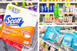 scott toilet paper, well market popcorn, and banana boat aloe