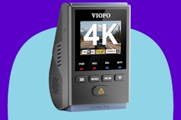  VIOFO A119M Pro 4K HDR MINI Dash Cam on a blue background.