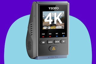  VIOFO A119M Pro 4K HDR MINI Dash Cam on a blue background.