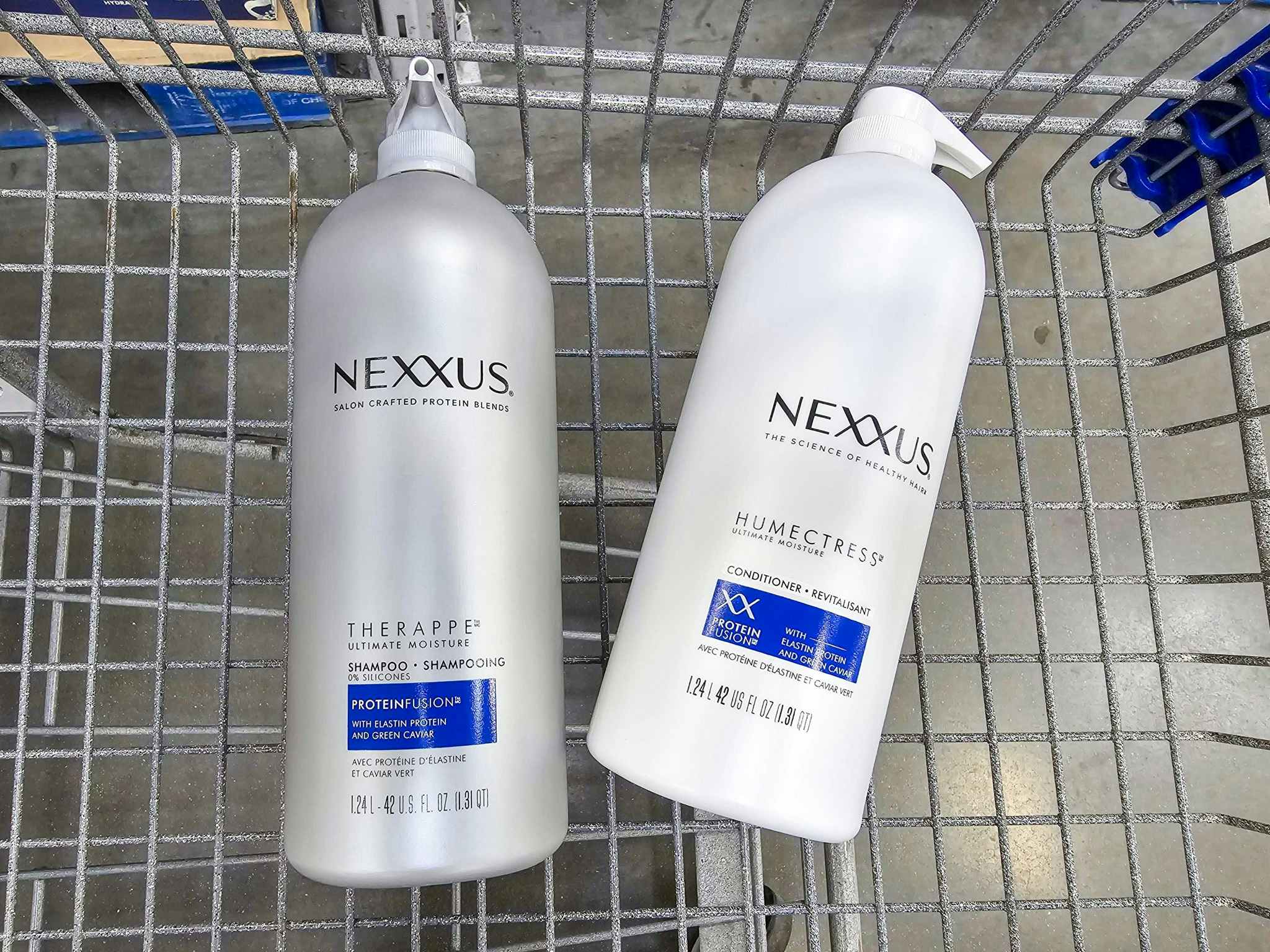 nexxus shampoo and conditioner in a cart