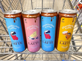 Chamberlain oat milk lattes in a Walmart cart