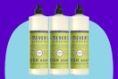 MRS. MEYER'S CLEAN DAY Liquid Dish Soap, Biodegradable Formula, Lemon Verbena, 16 fl. oz - Pack of 3 on a blue background.