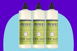 MRS. MEYER'S CLEAN DAY Liquid Dish Soap, Biodegradable Formula, Lemon Verbena, 16 fl. oz - Pack of 3 on a blue background.