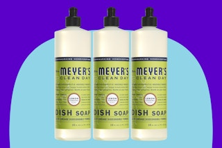MRS. MEYER'S CLEAN DAY Liquid Dish Soap, Biodegradable Formula, Lemon Verbena, 16 fl. oz - Pack of 3 on a blue background.