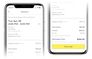 app shows cart checkout total of $106 and a time and date for pickup