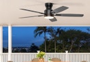 a ceiling fan on the roof of a patio 