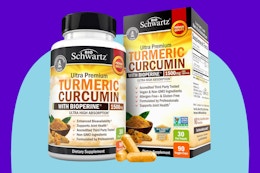 Turmeric Curcumin with Black Pepper Extract 1500mg on a blue background.