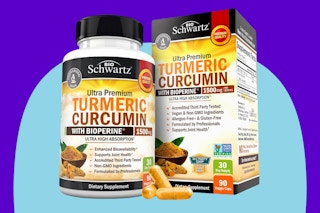 Turmeric Curcumin with Black Pepper Extract 1500mg on a blue background.