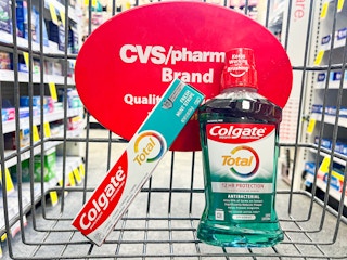 Colgate toothpaste and mouthwash in a cvs shopping cart