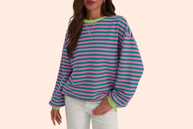 This Striped Oversized Sweatshirt For Women Is Under $15 on Amazon card image