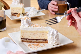 a person putting a fork into a piece of cheesecake