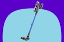 QikCln 450W 45Kpa Cordless Vacuum Cleaner on a blue background.