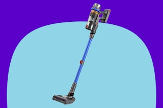 QikCln 450W 45Kpa Cordless Vacuum Cleaner on a blue background.