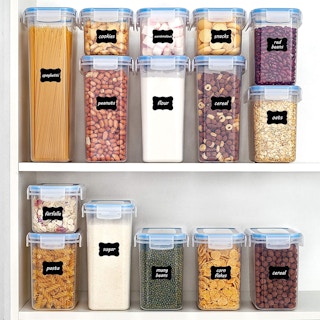 Vtopmart blue storage containers stacked on two shelves