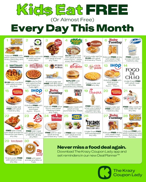 a calendar showing days kids eat free in june