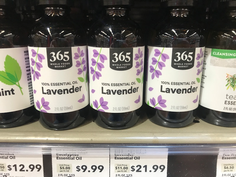 Whole Foods 365 lavender essential oil on the shelf.