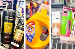 collage image of tresemme shampoo, tide simply detergent, covergirl and maybelline makeup