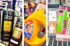 collage image of tresemme shampoo, tide simply detergent, covergirl and maybelline makeup