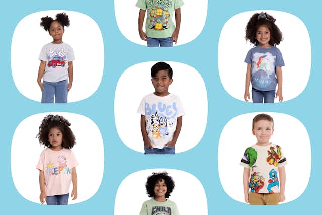 Toddler Character Tees, as Low as $4 at Walmart — Bluey, Barbie, and More card image