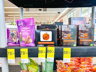 walgreens halloween clearance products on a shelf with tags