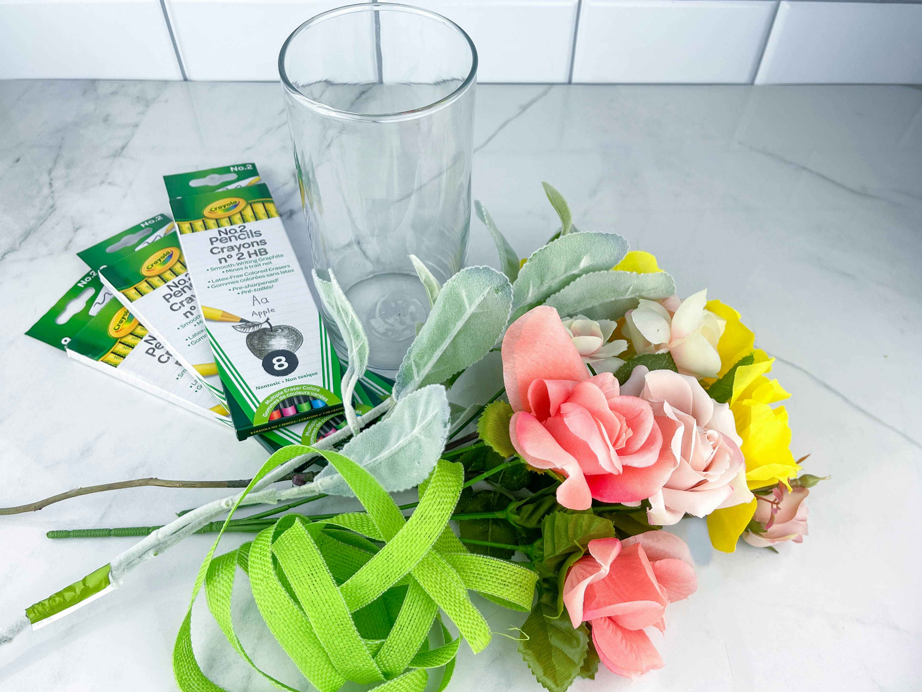 items on a counter to make a pencil flower vase teacher gift 
