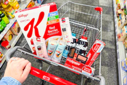 person pushing a cart with special k cereal, degree deodorant, colgate toothpaste, gillette foamy, maybelline, and sally hansen