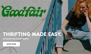 A person sitting on some steps with the Goodfair logo and some text that reads, "Thrifting made easy"